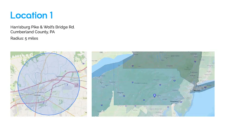 First location with its 5-mile radius on a map